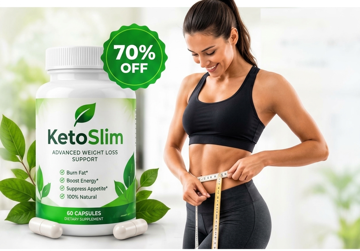 KetoSlim weight loss supplement bottle with a 70% off badge beside a woman measuring her waist